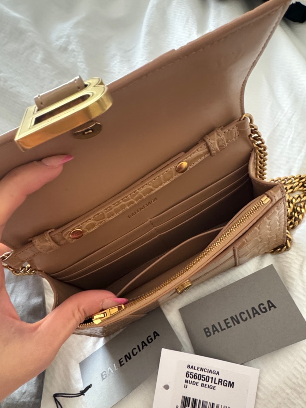 Balenciaga Tan Croc-Embossed Hourglass Chain Wallet - Picture 3 of 7